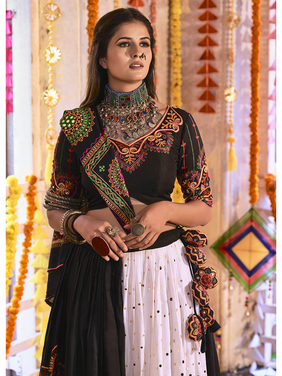 Myra Black and White Maslin Cotton Embroidered Navratri Special Lehenga | Grocsy