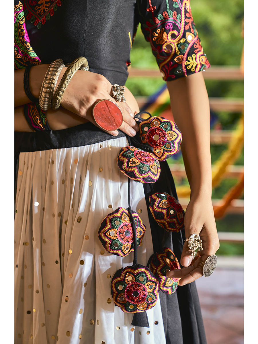 Myra Black and White Maslin Cotton Embroidered Navratri Special Lehenga | Grocsy
