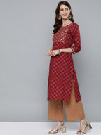 HERE&NOW Women Maroon & Golden Floral Printed Straight Kurta | Grocsy