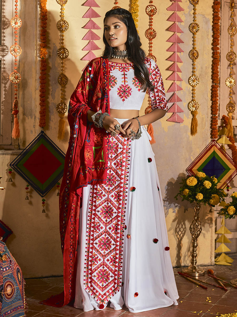 Myra White Maslin Cotton Embroidered Navratri Special Lehenga | Grocsy