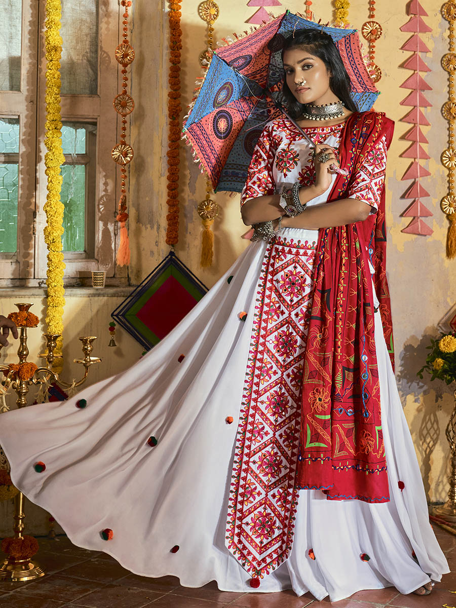 Myra White Maslin Cotton Embroidered Navratri Special Lehenga | Grocsy