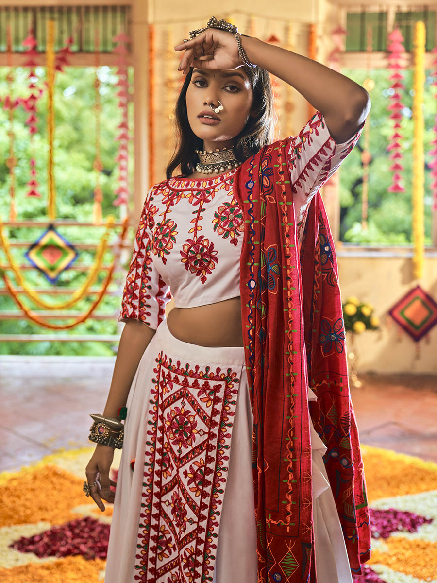 Myra White Maslin Cotton Embroidered Navratri Special Lehenga | Grocsy