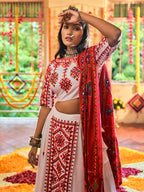 Myra White Maslin Cotton Embroidered Navratri Special Lehenga | Grocsy