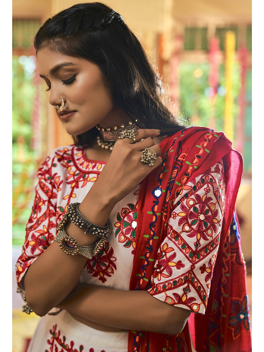 Myra White Maslin Cotton Embroidered Navratri Special Lehenga | Grocsy