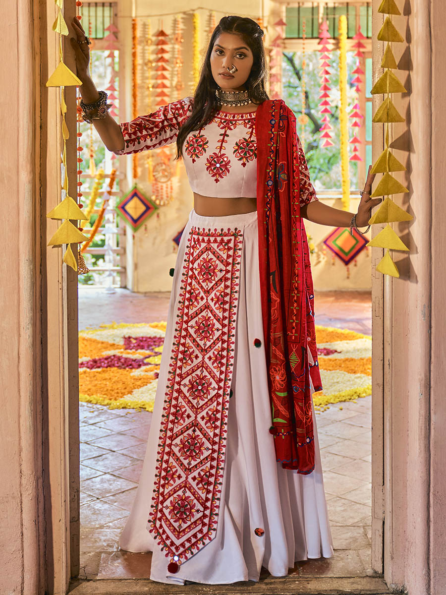 Myra White Maslin Cotton Embroidered Navratri Special Lehenga | Grocsy