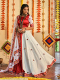 Myra White and Red Maslin Cotton Embroidered Navratri Special Lehenga | Grocsy