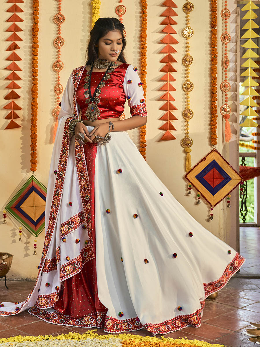 Myra White and Red Maslin Cotton Embroidered Navratri Special Lehenga | Grocsy