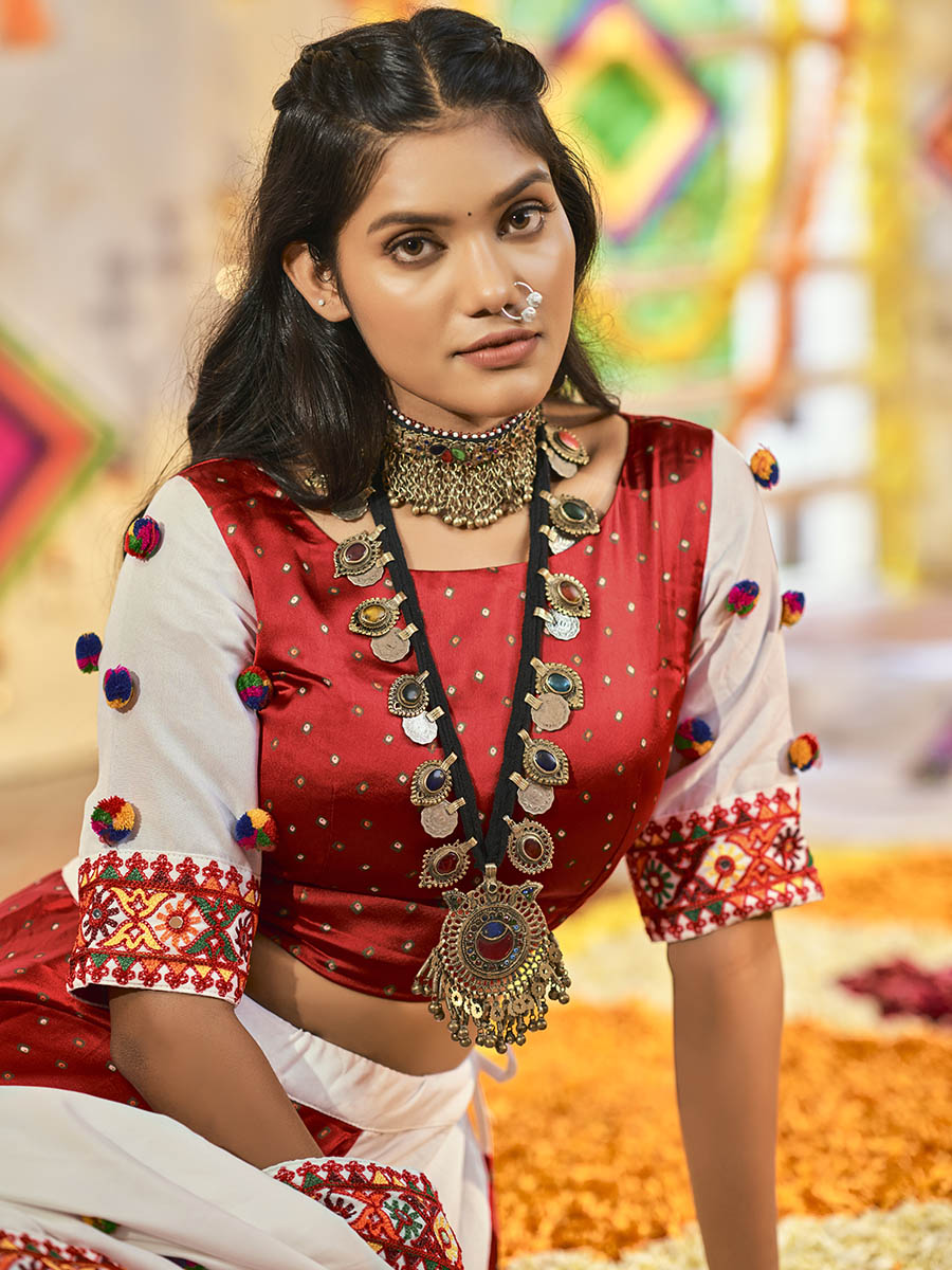 Myra White and Red Maslin Cotton Embroidered Navratri Special Lehenga | Grocsy