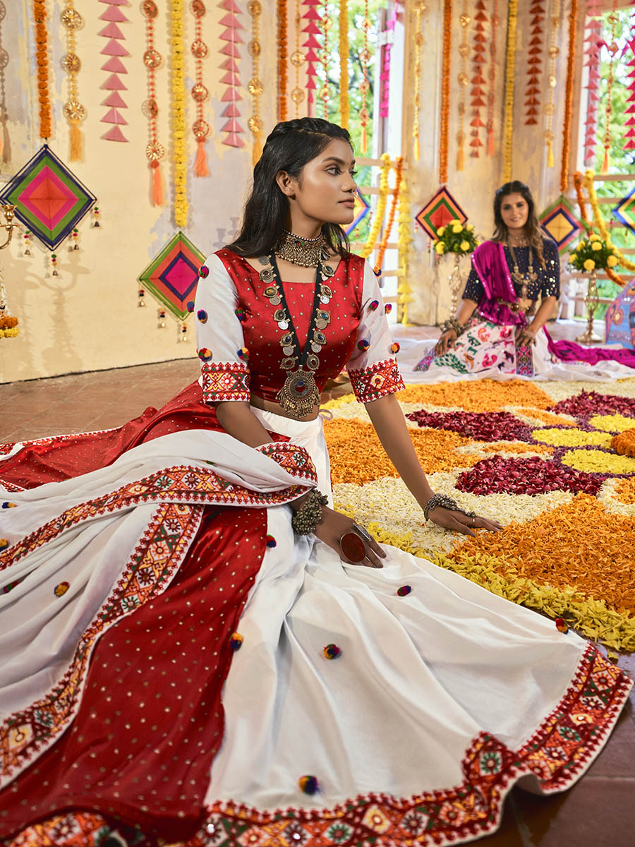 Myra White and Red Maslin Cotton Embroidered Navratri Special Lehenga | Grocsy