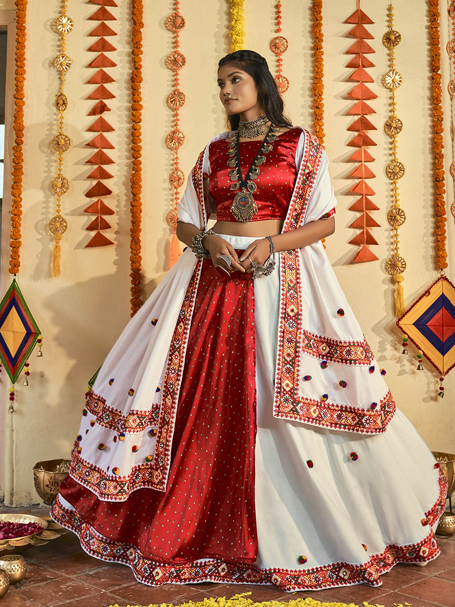 Myra White and Red Maslin Cotton Embroidered Navratri Special Lehenga | Grocsy