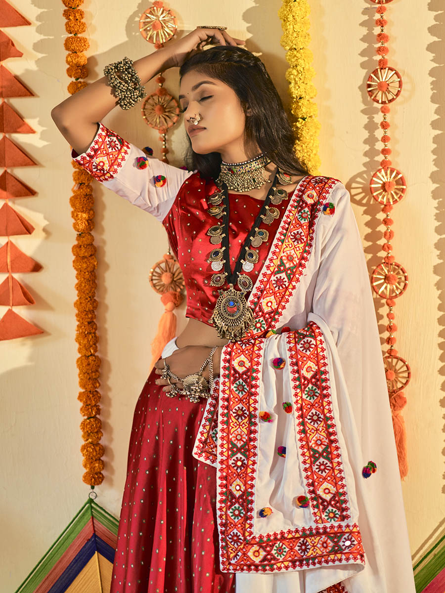 Myra White and Red Maslin Cotton Embroidered Navratri Special Lehenga | Grocsy