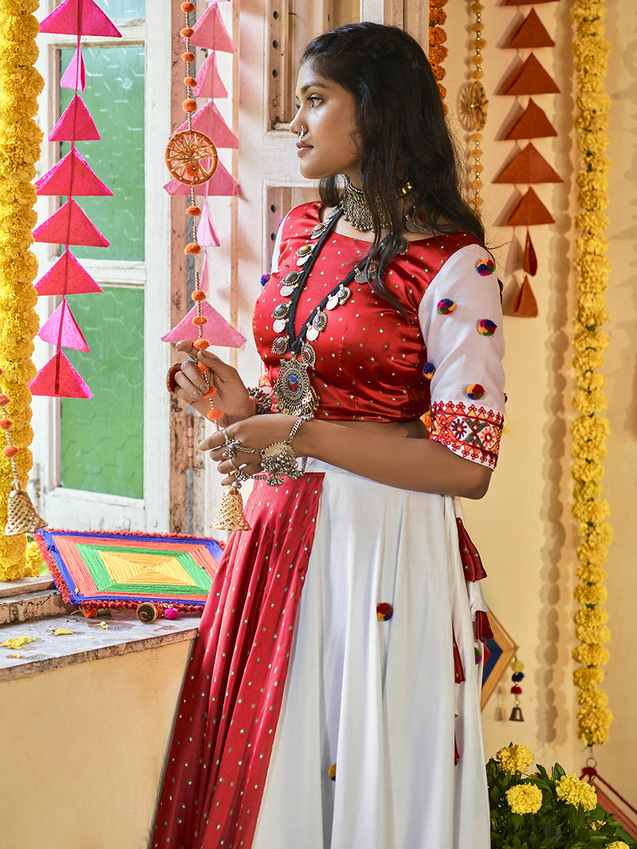 Myra White and Red Maslin Cotton Embroidered Navratri Special Lehenga | Grocsy