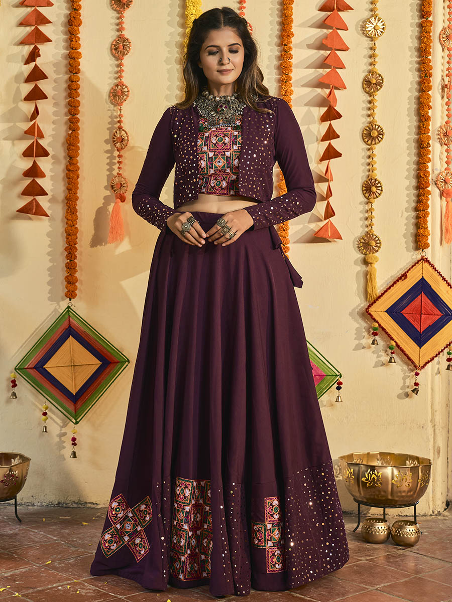 Myra Purple White and Red Maslin Cotton Embroidered Navratri Special Lehenga | Grocsy