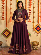 Myra Purple White and Red Maslin Cotton Embroidered Navratri Special Lehenga | Grocsy