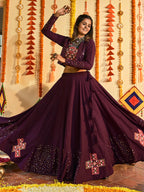 Myra Purple White and Red Maslin Cotton Embroidered Navratri Special Lehenga | Grocsy