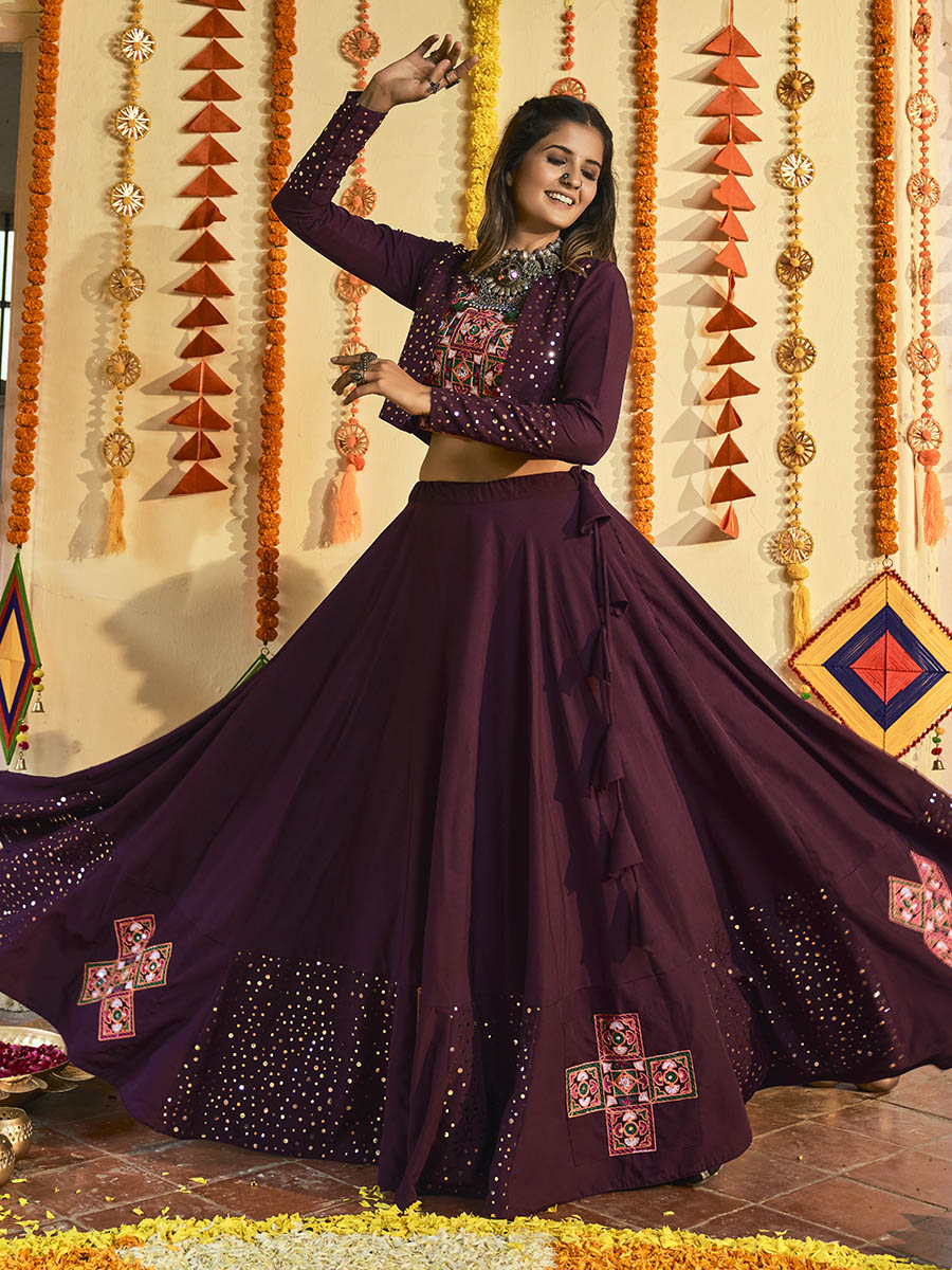 Myra Purple White and Red Maslin Cotton Embroidered Navratri Special Lehenga | Grocsy