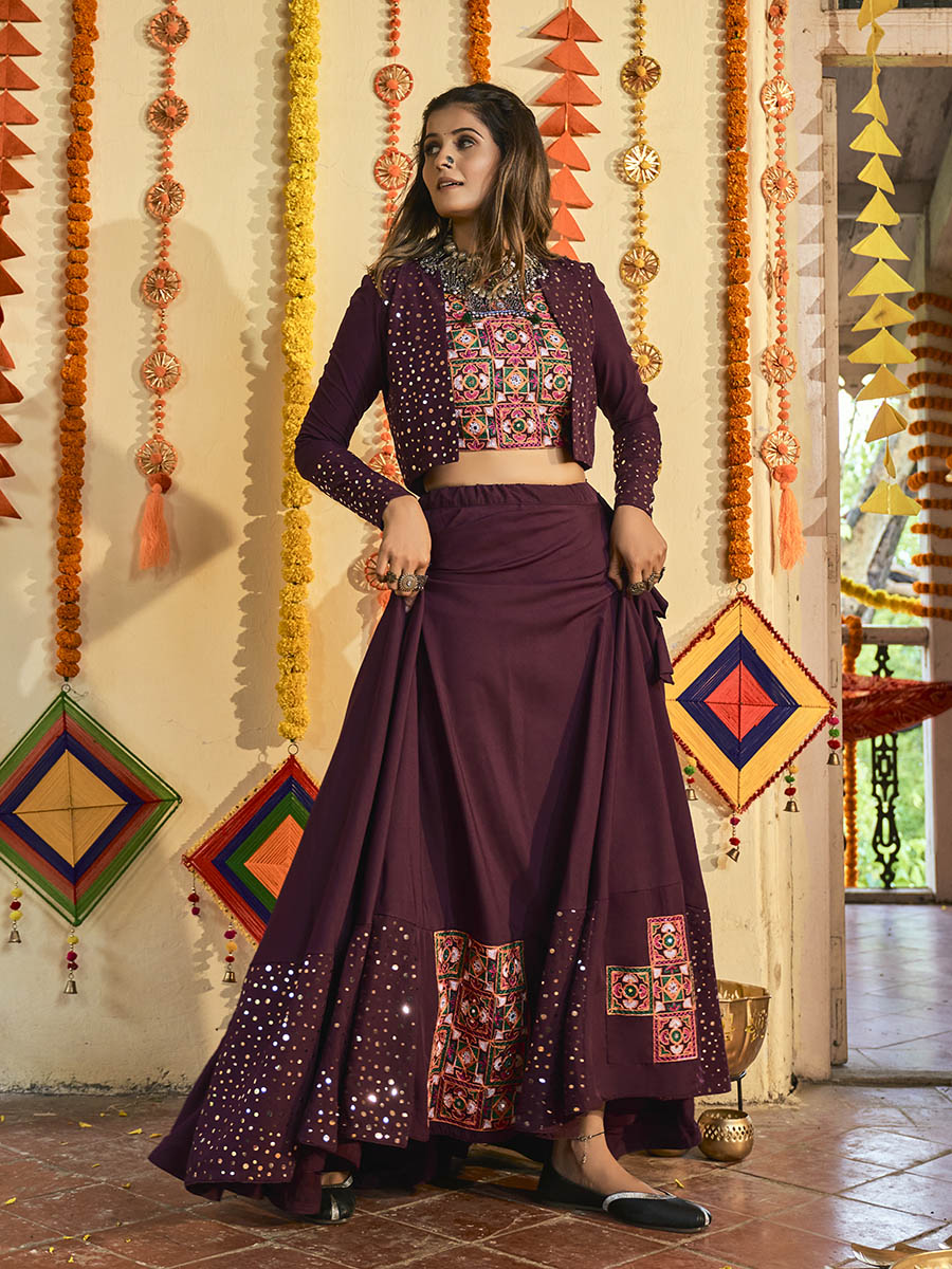 Myra Purple White and Red Maslin Cotton Embroidered Navratri Special Lehenga | Grocsy