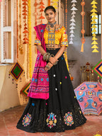 Myra Black and Mustard Yellow Maslin Cotton Embroidered Navratri Special Lehenga | Grocsy