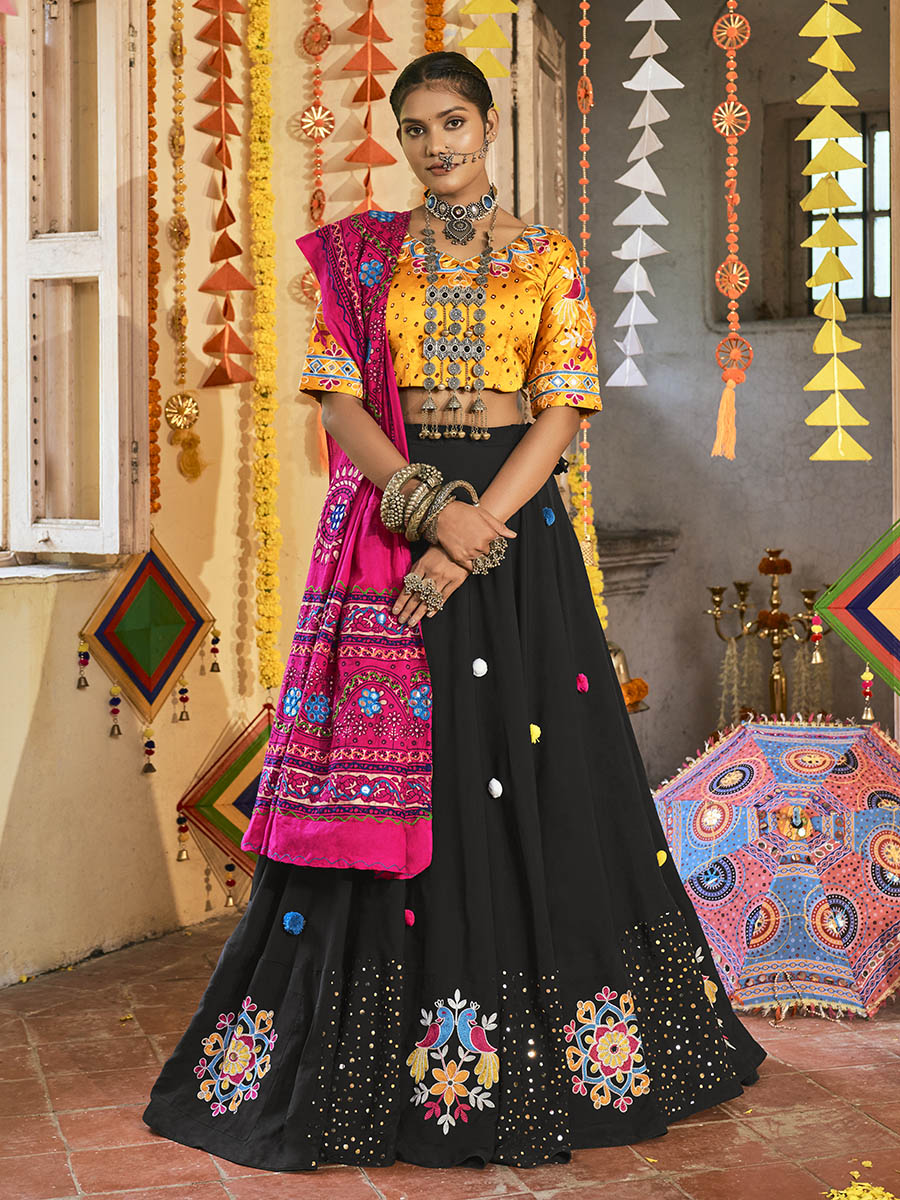 Myra Black and Mustard Yellow Maslin Cotton Embroidered Navratri Special Lehenga | Grocsy
