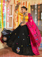 Myra Black and Mustard Yellow Maslin Cotton Embroidered Navratri Special Lehenga | Grocsy
