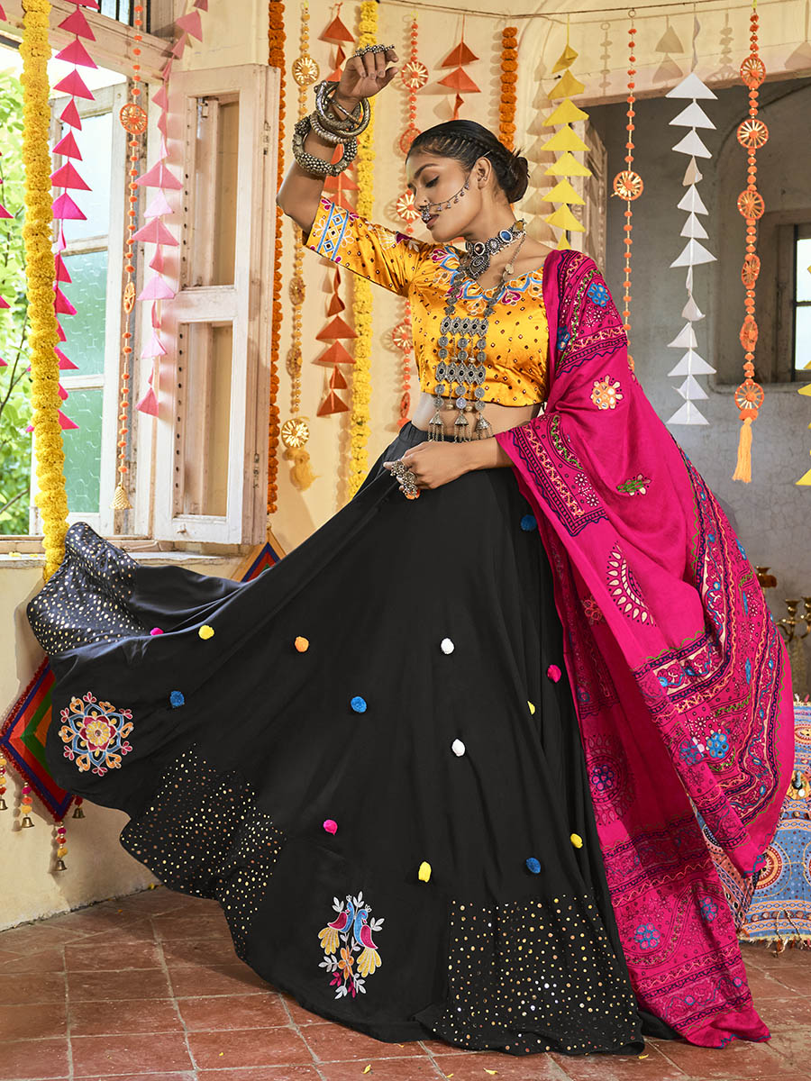 Myra Black and Mustard Yellow Maslin Cotton Embroidered Navratri Special Lehenga | Grocsy
