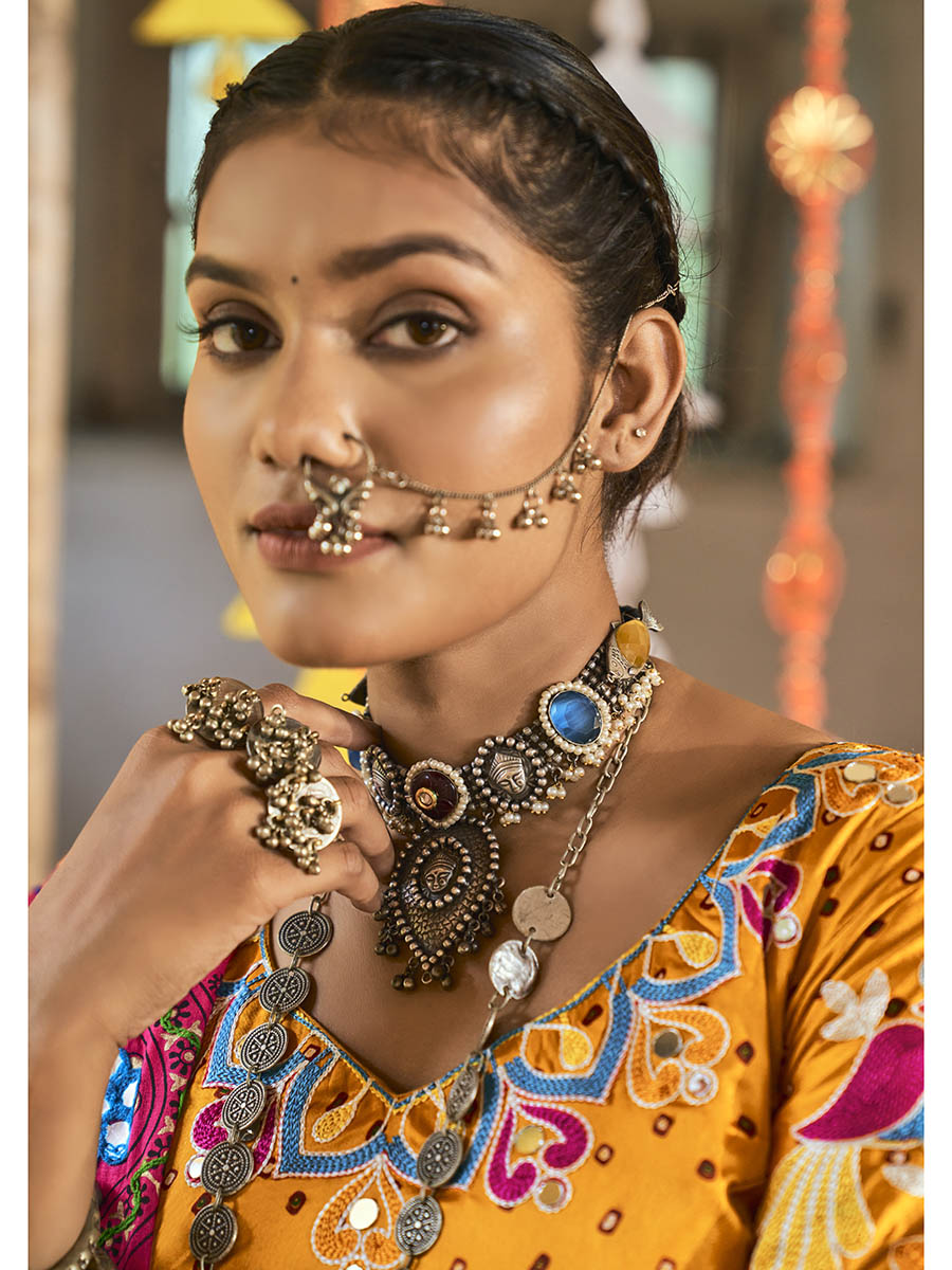 Myra Black and Mustard Yellow Maslin Cotton Embroidered Navratri Special Lehenga | Grocsy