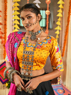Myra Black and Mustard Yellow Maslin Cotton Embroidered Navratri Special Lehenga | Grocsy