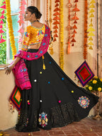 Myra Black and Mustard Yellow Maslin Cotton Embroidered Navratri Special Lehenga | Grocsy