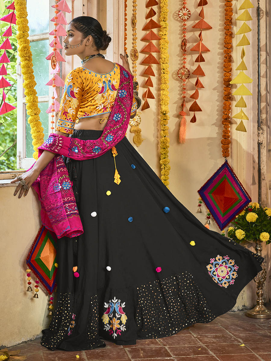 Myra Black and Mustard Yellow Maslin Cotton Embroidered Navratri Special Lehenga | Grocsy