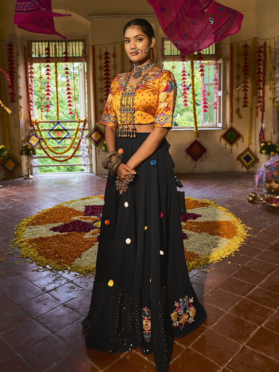 Myra Black and Mustard Yellow Maslin Cotton Embroidered Navratri Special Lehenga | Grocsy