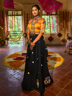 Myra Black and Mustard Yellow Maslin Cotton Embroidered Navratri Special Lehenga | Grocsy