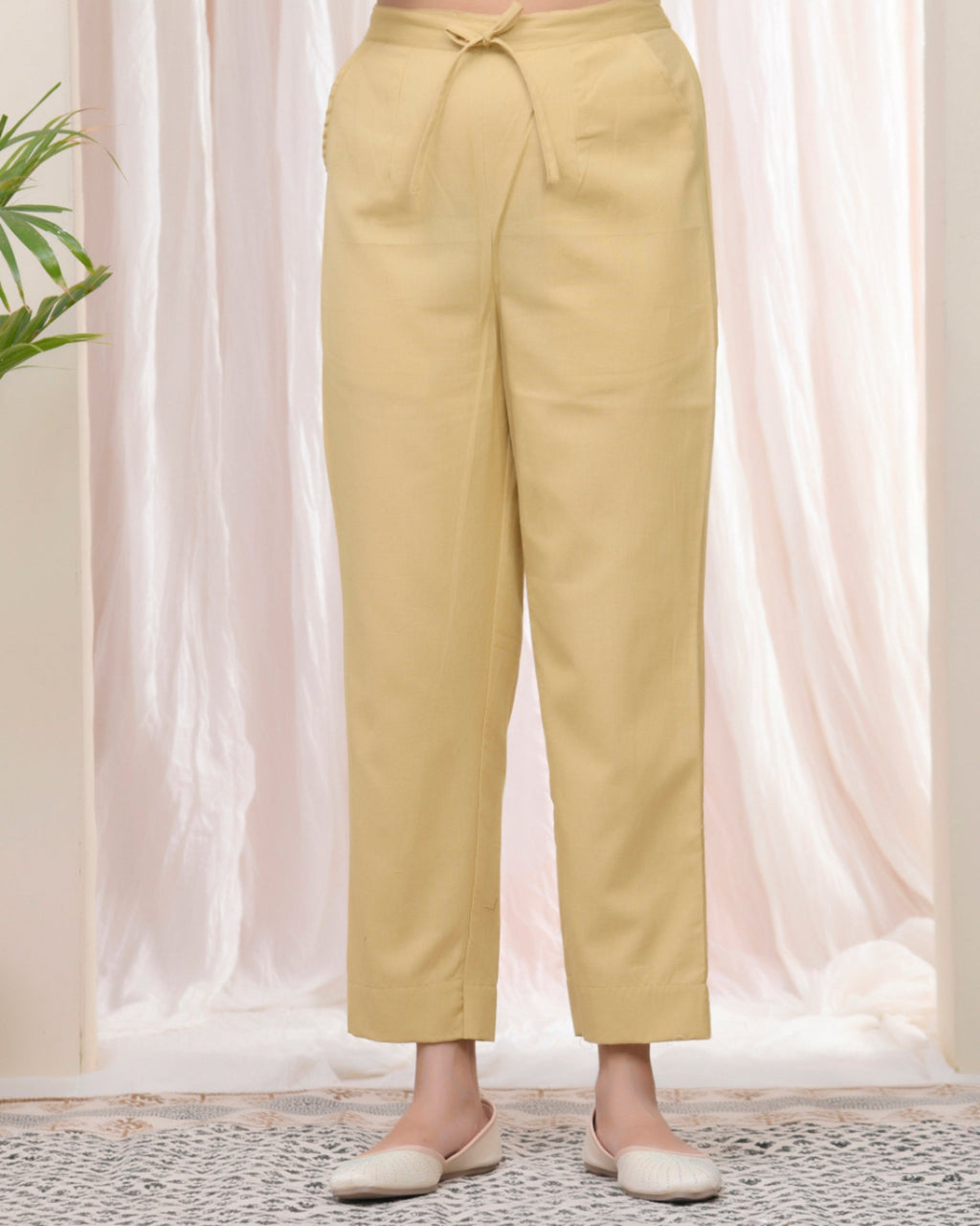 Vaasva Women Cheeku Cotton Flax Solid Straight Pants | Grocsy