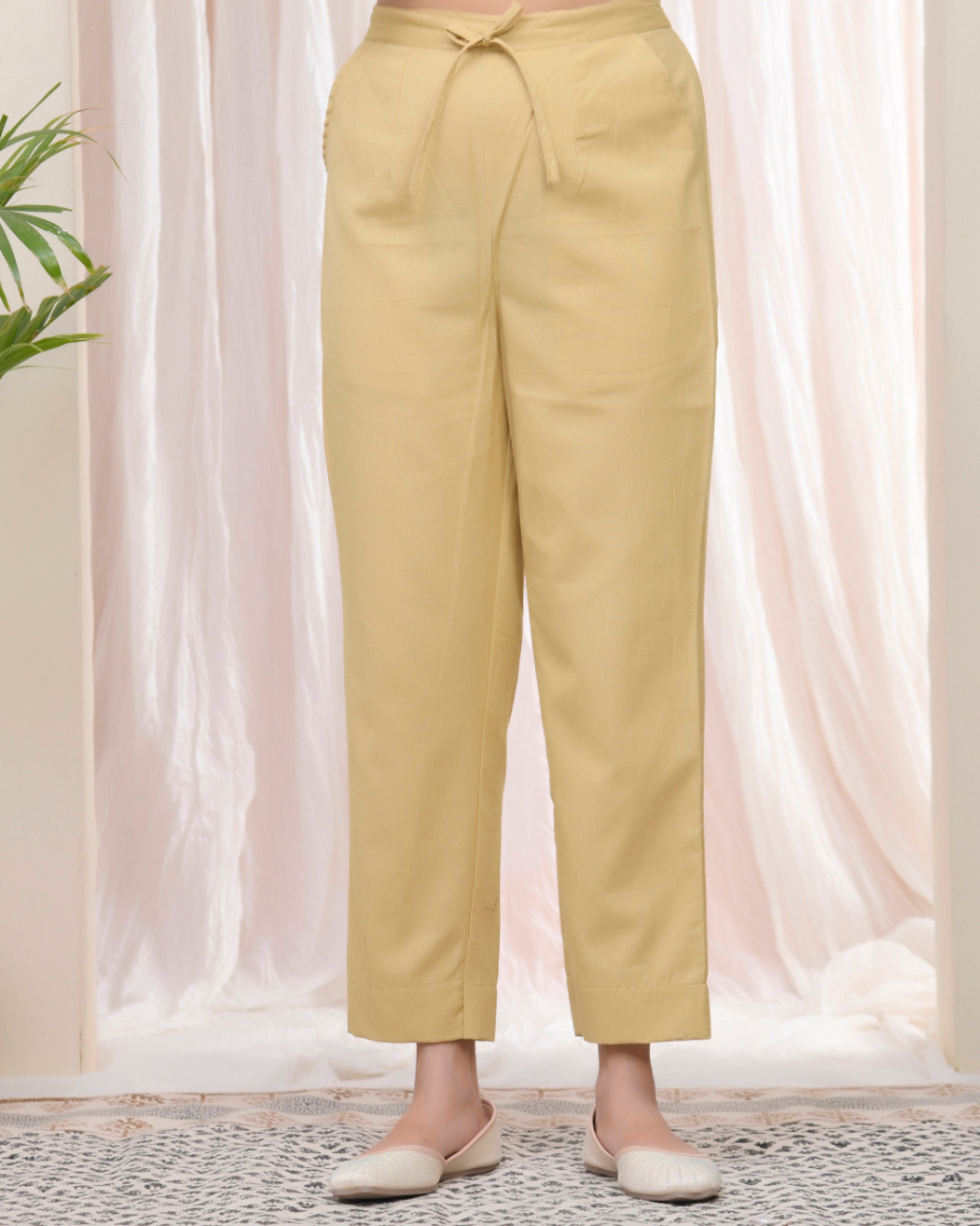 Vaasva Women Cheeku Cotton Flax Solid Straight Pants | Grocsy