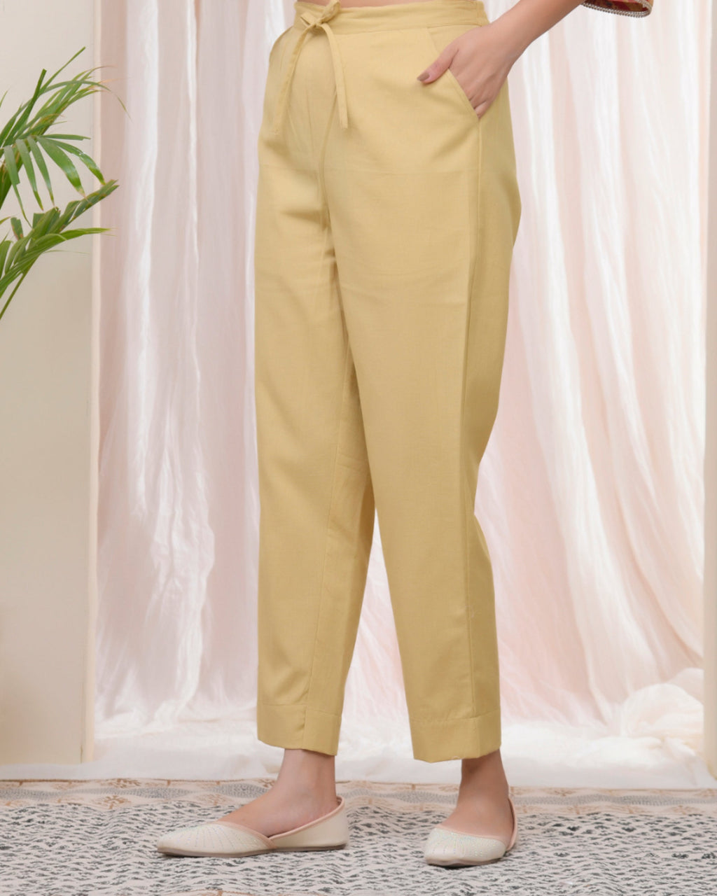 Vaasva Women Cheeku Cotton Flax Solid Straight Pants | Grocsy
