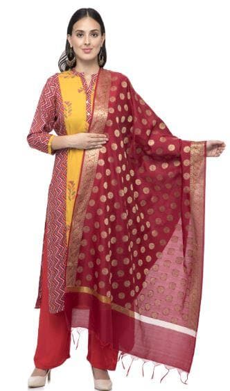 A R Silk Women's Chanderi Zari Embroidery Mehroon Fancy Dupatta | Grocsy