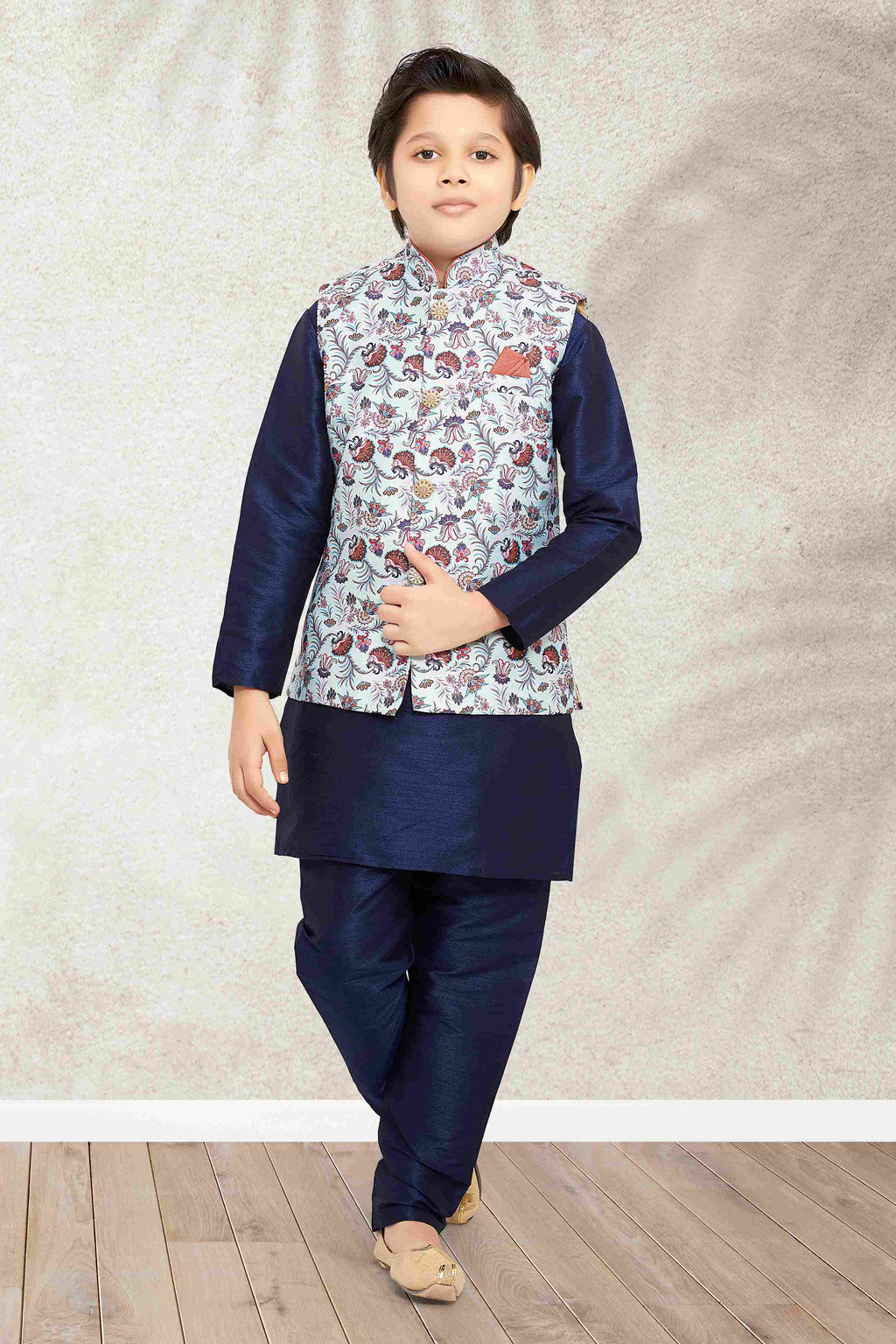 Raivat Ethnic Banarasi Silk Digital Printed Kurta Pajama With Jacket In Sky Blue Colour | Grocsy