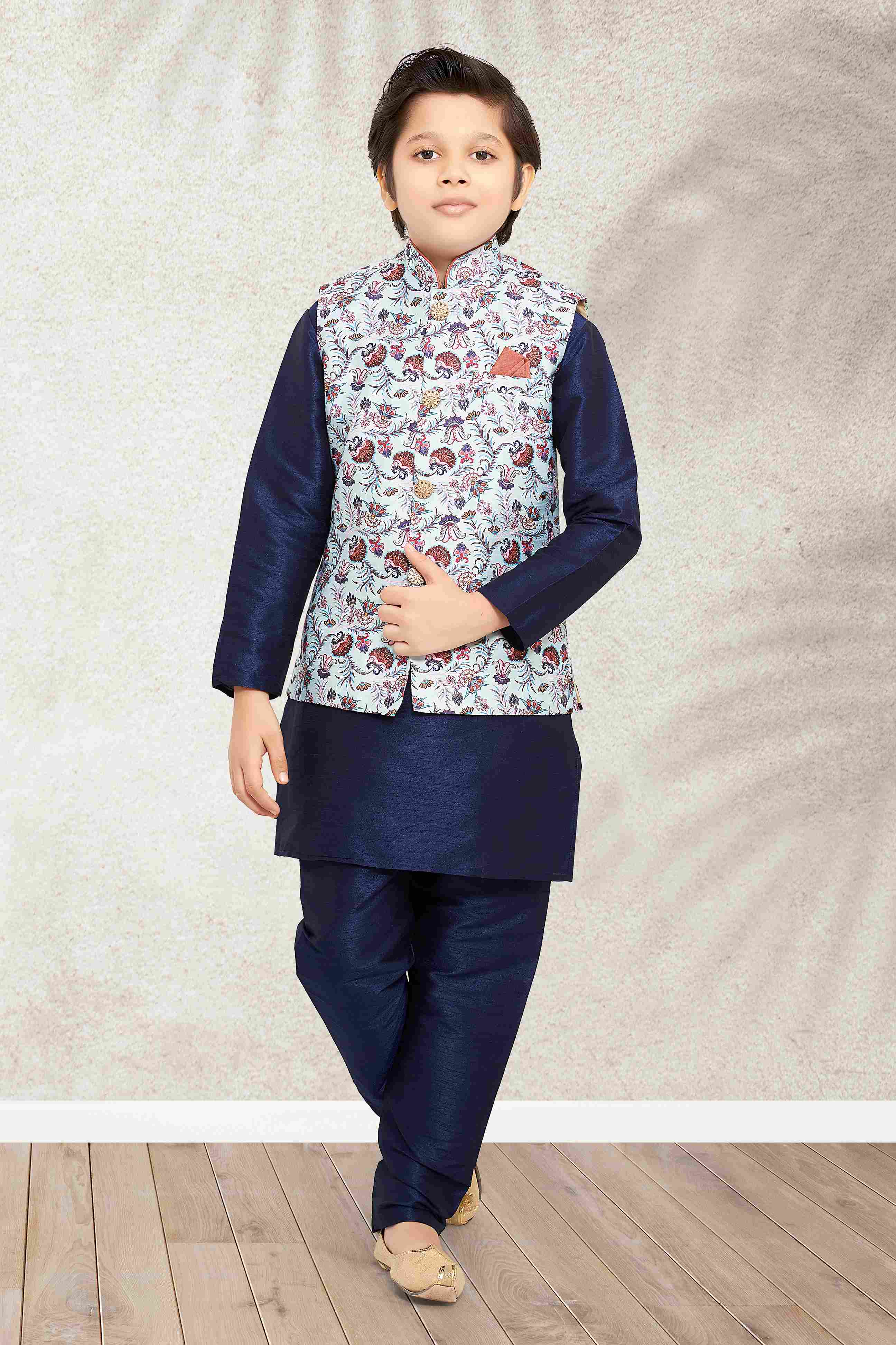 Raivat Ethnic Banarasi Silk Digital Printed Kurta Pajama With Jacket In Sky Blue Colour | Grocsy