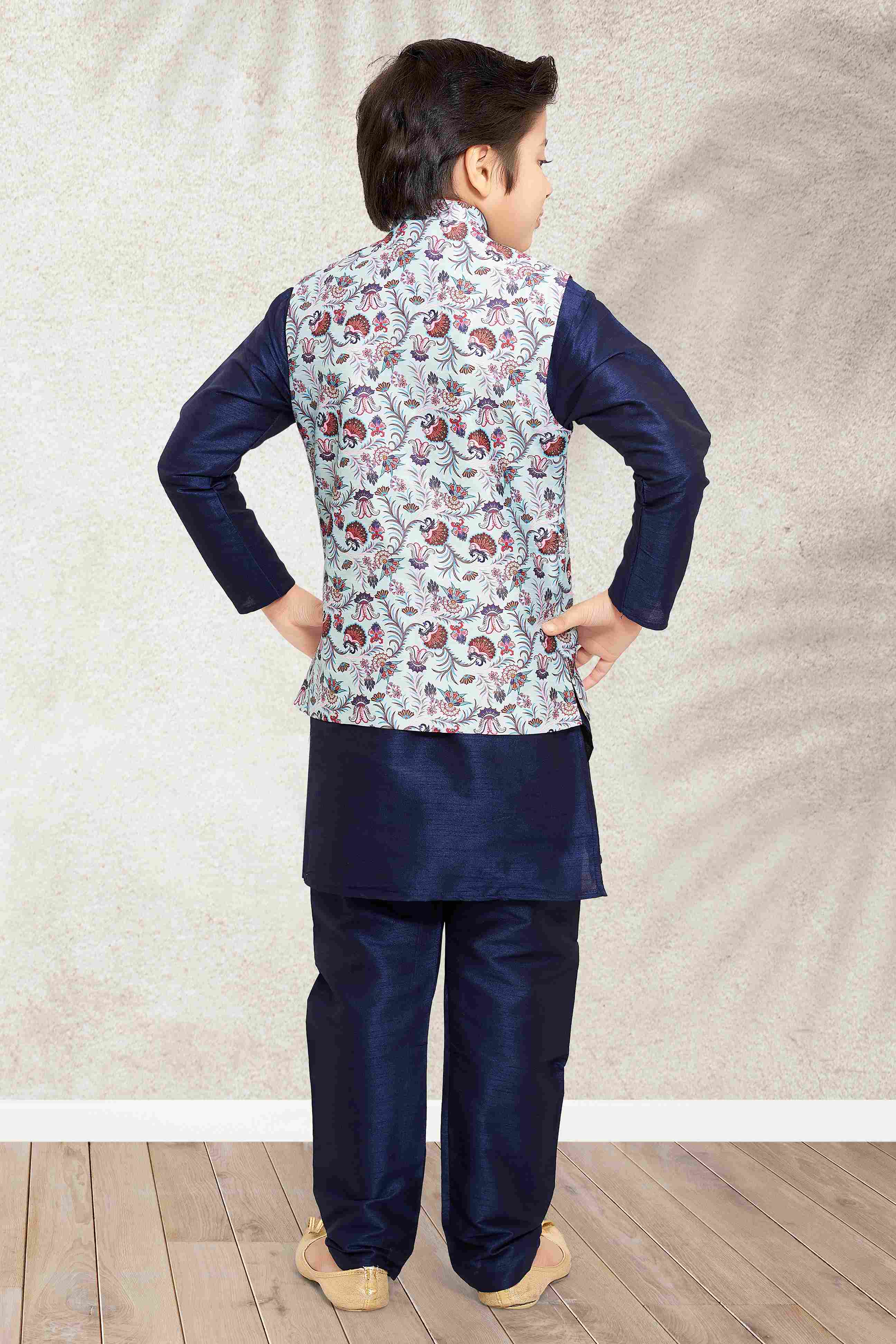 Raivat Ethnic Banarasi Silk Digital Printed Kurta Pajama With Jacket In Sky Blue Colour | Grocsy