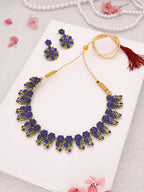 Tehzeeb Creations Luxurious Gold Polished Blue Colour Choker Necklace Set With Matching Earrings - Swadesiicart