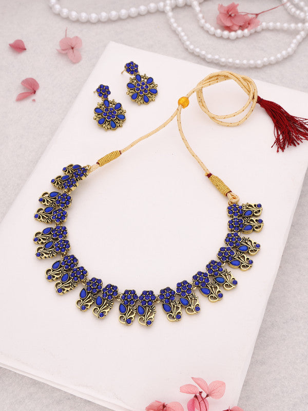 Tehzeeb Creations Luxurious Gold Polished Blue Colour Choker Necklace Set With Matching Earrings - Swadesiicart