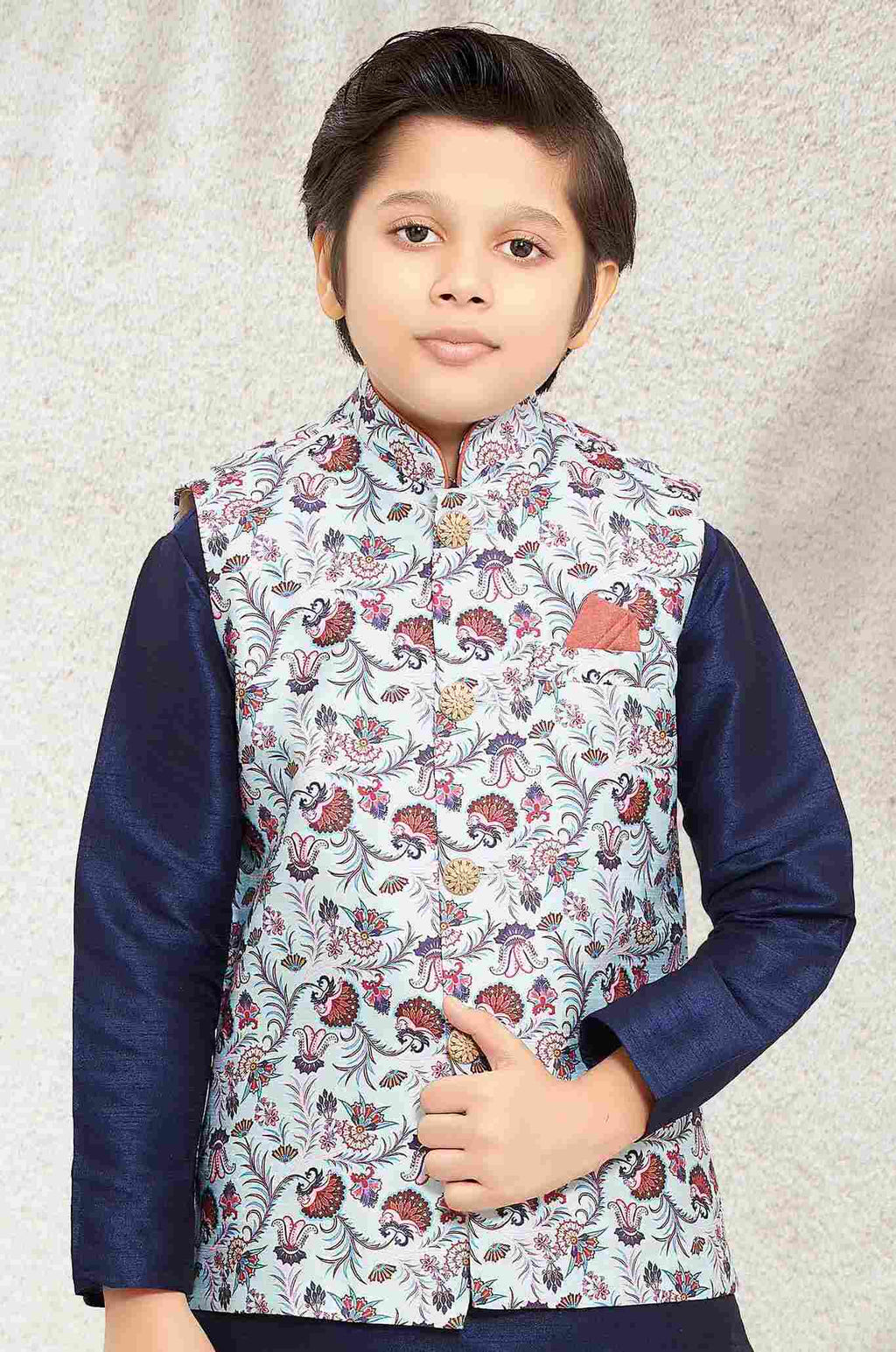 Raivat Ethnic Banarasi Silk Digital Printed Kurta Pajama With Jacket In Sky Blue Colour | Grocsy