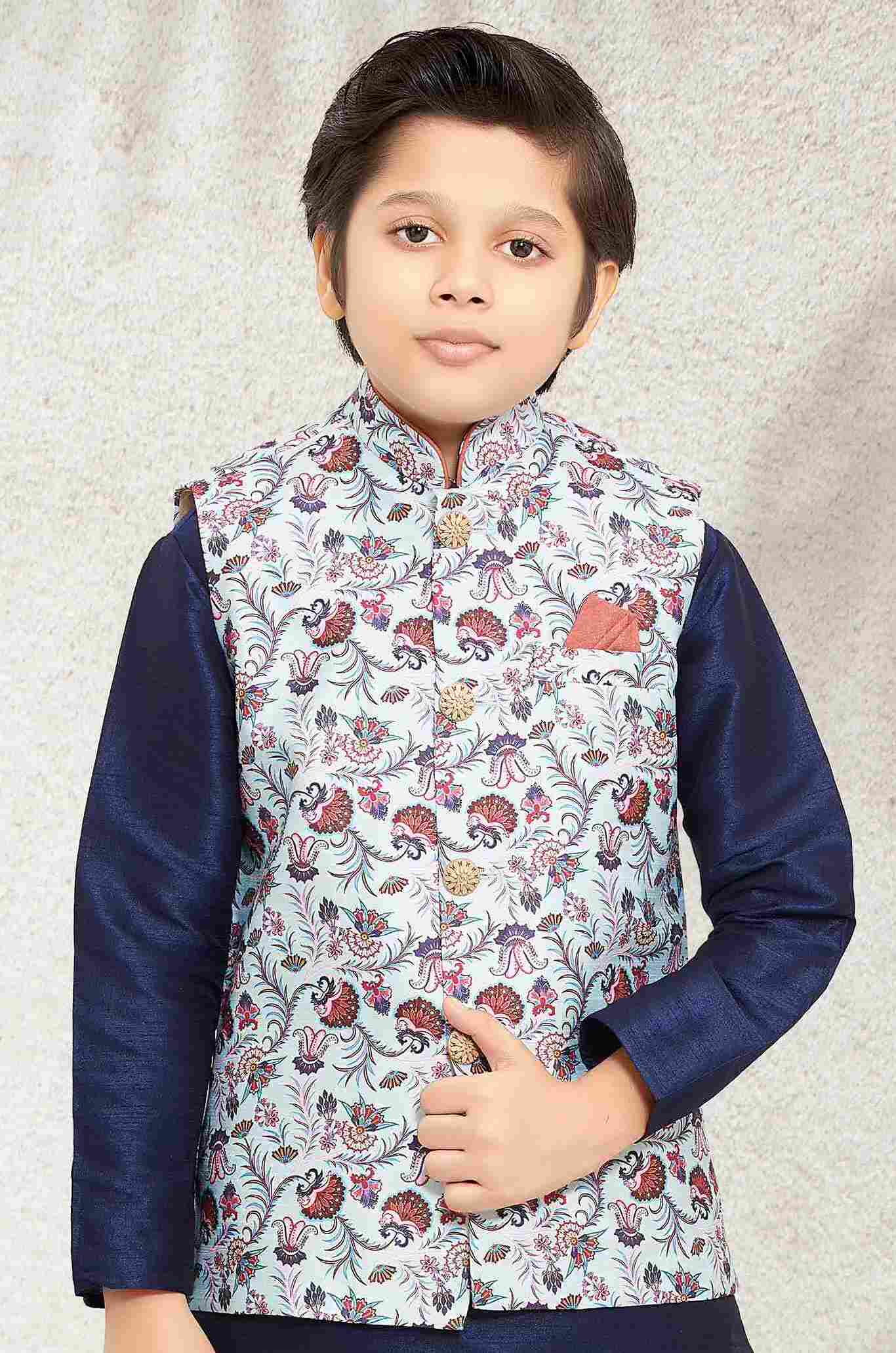Raivat Ethnic Banarasi Silk Digital Printed Kurta Pajama With Jacket In Sky Blue Colour | Grocsy