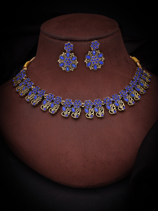 Tehzeeb Creations Luxurious Gold Polished Blue Colour Choker Necklace Set With Matching Earrings - Swadesiicart