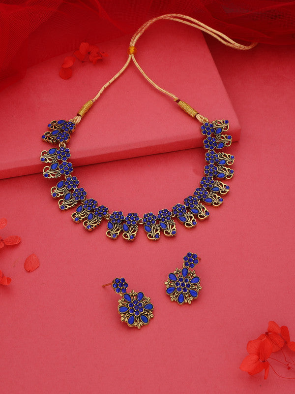 Tehzeeb Creations Luxurious Gold Polished Blue Colour Choker Necklace Set With Matching Earrings - Swadesiicart