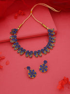 Tehzeeb Creations Luxurious Gold Polished Blue Colour Choker Necklace Set With Matching Earrings - Swadesiicart