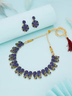 Tehzeeb Creations Luxurious Gold Polished Blue Colour Choker Necklace Set With Matching Earrings - Swadesiicart
