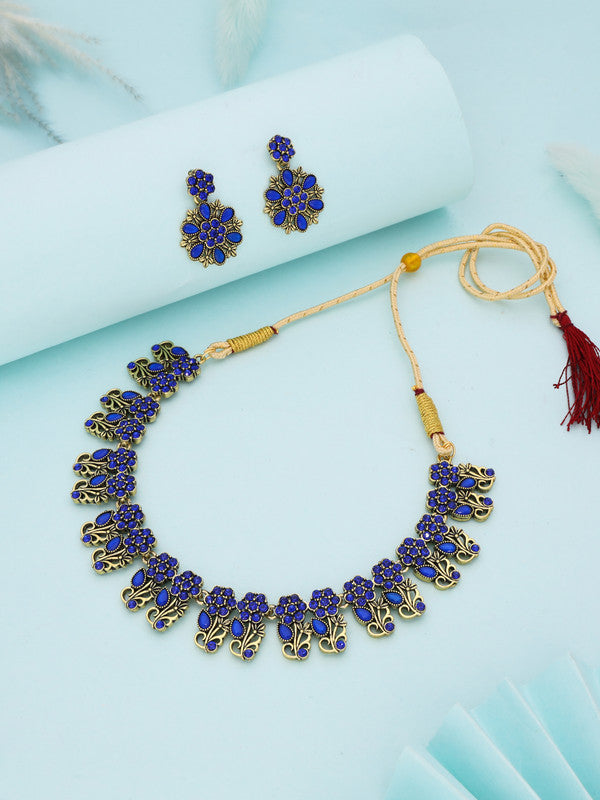 Tehzeeb Creations Luxurious Gold Polished Blue Colour Choker Necklace Set With Matching Earrings - Swadesiicart