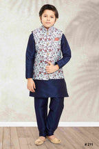 Raivat Ethnic Banarasi Silk Digital Printed Kurta Pajama With Jacket In Sky Blue Colour | Grocsy