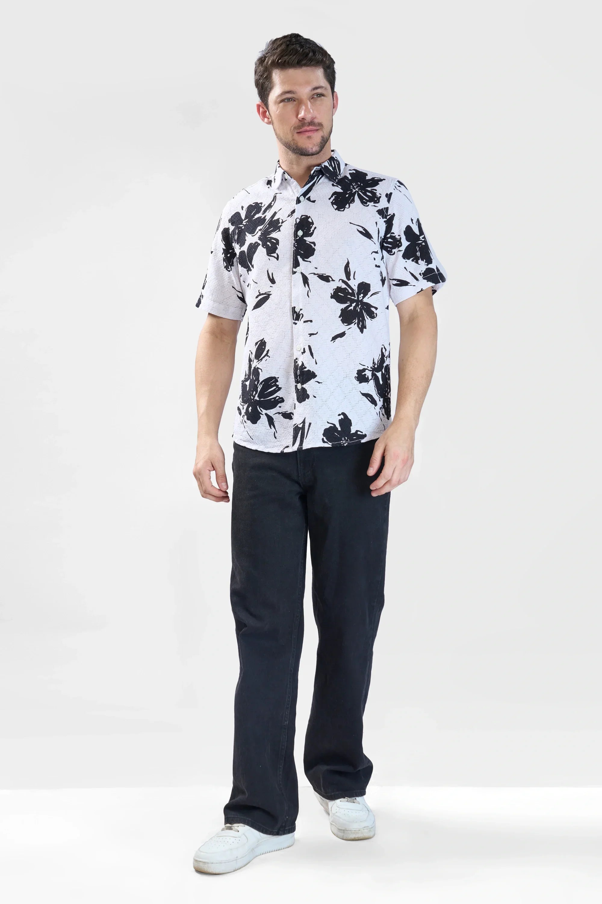 Xkind White Floral Printed Textured Regular Fit Shirt | Grocsy