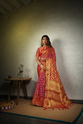 Vardha Magenta Pink Golden Zari Diamond Cross Checks Banarasi Chiffon Saree | Grocsy